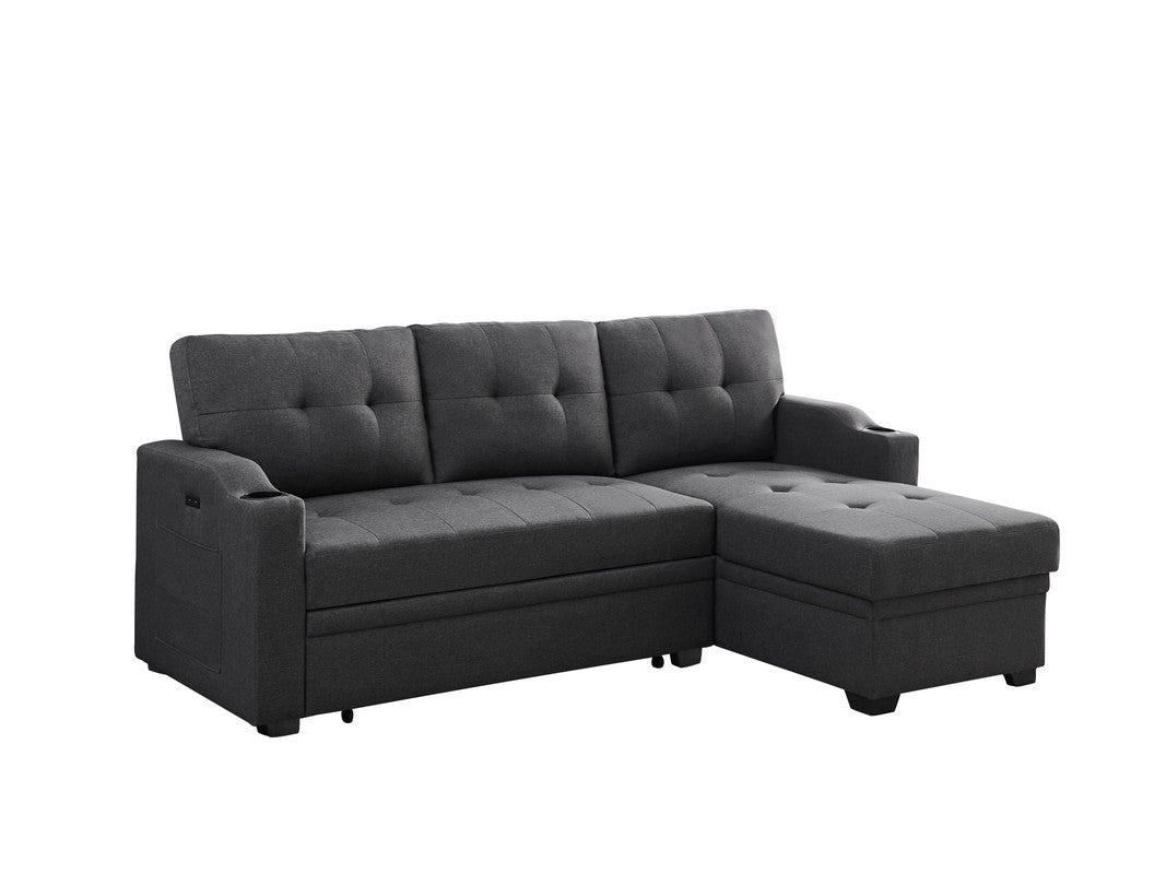 Mabel 83' Dark Gray Linen Fabric Sleeper Sectional with cupholder, USB charging port and pocket