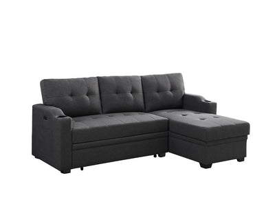 Mabel 83' Dark Gray Linen Fabric Sleeper Sectional with cupholder, USB charging port and pocket