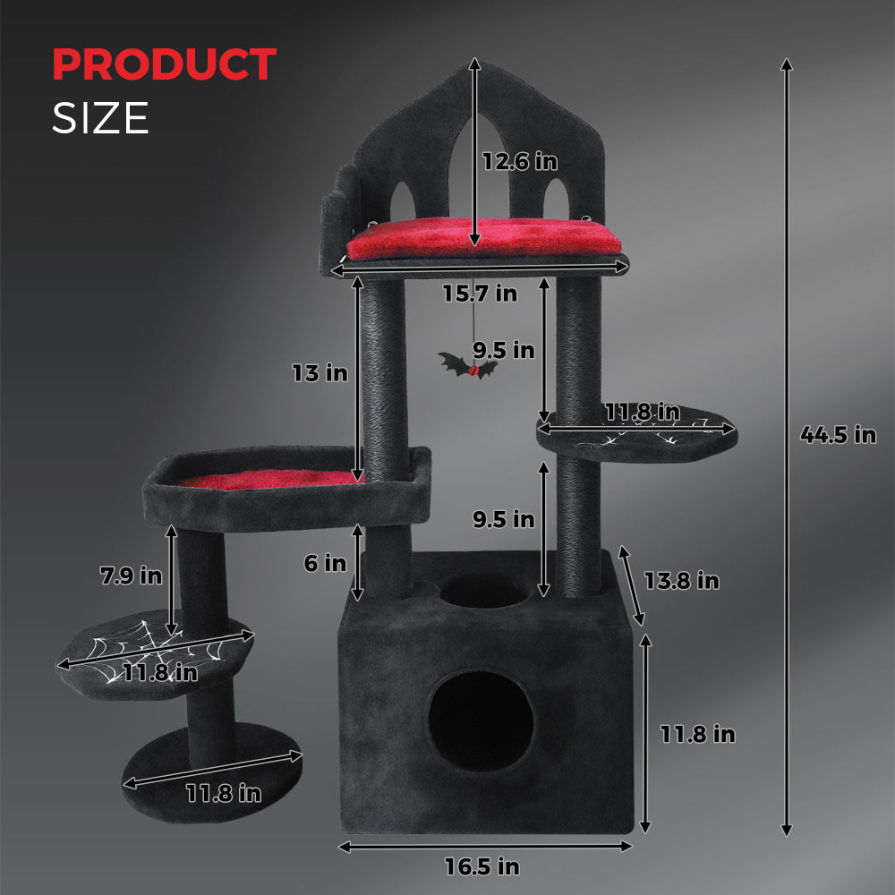 Black Gothic Cat Tree, Multi-Level Spooky Cat Tree with Scratching Posts, Perches, Hammock, and Cat Cave - Black Cat Tower for Indoor Cats with Interactive Toy, Perfect for Multiple Cats 44.5in