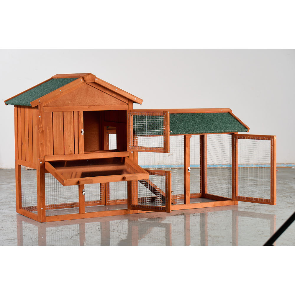 Large Wooden Rabbit Hutch, 2-Story Outdoor Bunny Cage with Waterproof Asphalt Roof, Pull-Out Tray & Ramp, Fir Wood Pet House for Rabbits, Chickens, Guinea Pigs (Brown & Green)