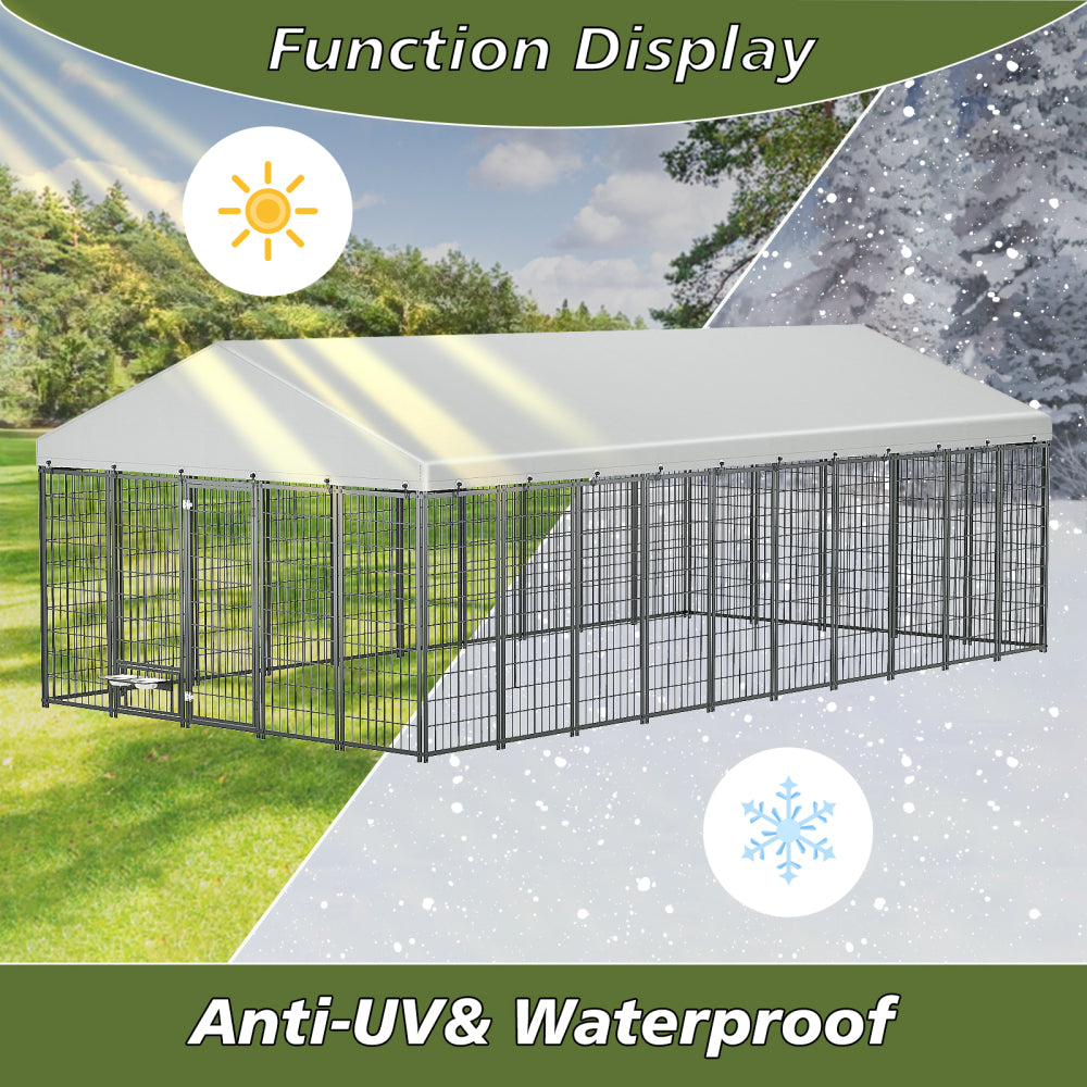 Large Dog Kennel Outdoor Pet Pens Dogs Run Enclosure Animal Hutch Metal Coop Fence with Roof Cover. 18.9'L x 9.61'W x 6.76'H.