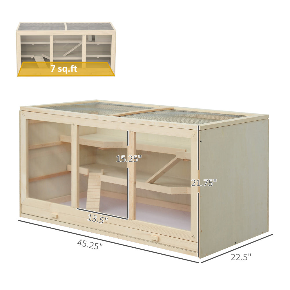 PawHut Extra Large Wooden Hamster Cage, Gerbil Cage, and Other Small Animal Habitat, Hamster Habitat with Opening Roof, Hut, Ramps, Natural