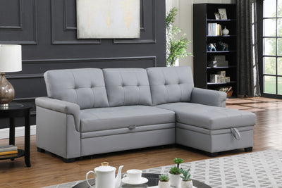 Lucca 83.5' Gray Vegan Leather Modern Reversible Sleeper Sectional Sofa with Storage Chaise