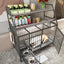 Large pet cage with storage rack, drawers with stainless steel food and water basins, double-layer storage rack made of iron frame and MDF material, sturdy, exquisite, and practical (black+smoke gray)