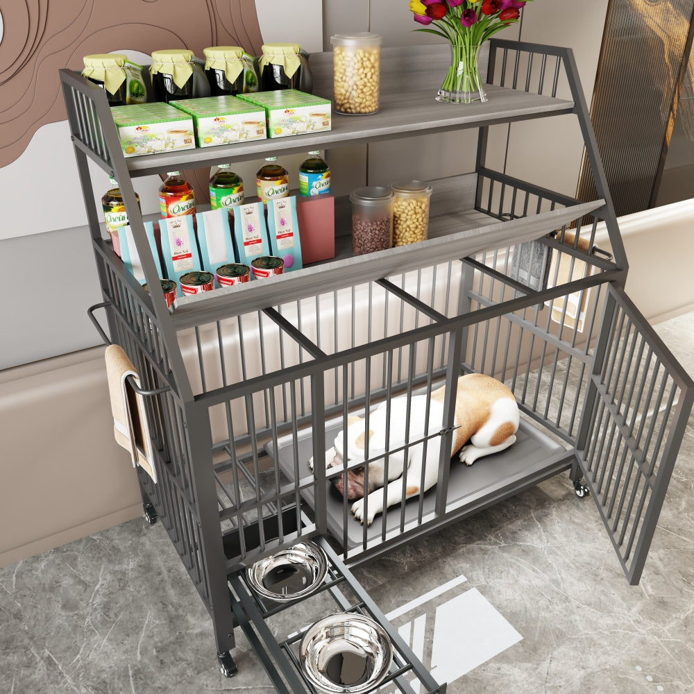 Large pet cage with storage rack, drawers with stainless steel food and water basins, double-layer storage rack made of iron frame and MDF material, sturdy, exquisite, and practical (black+smoke gray)