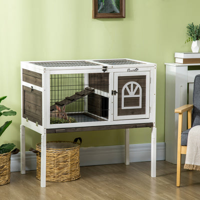 PawHut Wooden Rabbit Hutch, Indoor Elevated Guinea Pig Cage with Run, Ladder, Lockable Doors and Removable Tray, Coffee