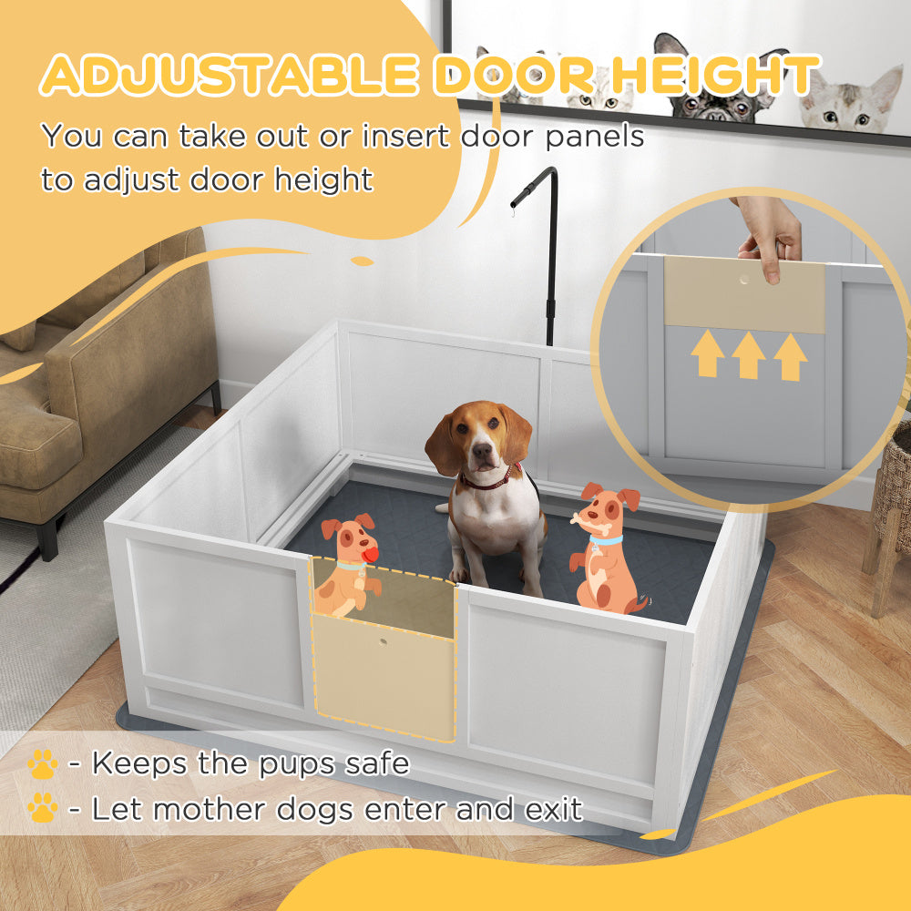 PawHut Whelping Box for Dogs with Retractable Light Stand, Birth Dog Whelping Box for Puppies with Pig Rail, Pee PadAdjustable Height Door for Small, Medium & Large Breed Dogs, 49" x 48"
