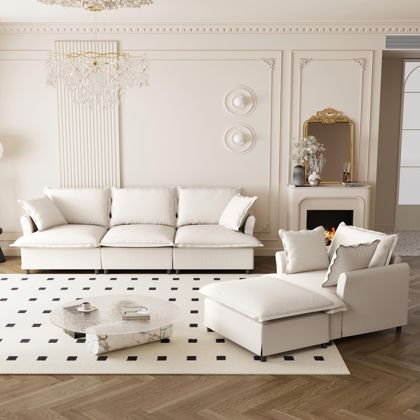 [New+Video] 3 Piece Living Room Sofa Set,Modular L Shaped Chenille Sectional Couch,Upholstered 3 Seater Sofa & Armchair & Movable Ottoman,5 Seat Indoor Furniture for Office,Bedroom,Apartment,2 Colors