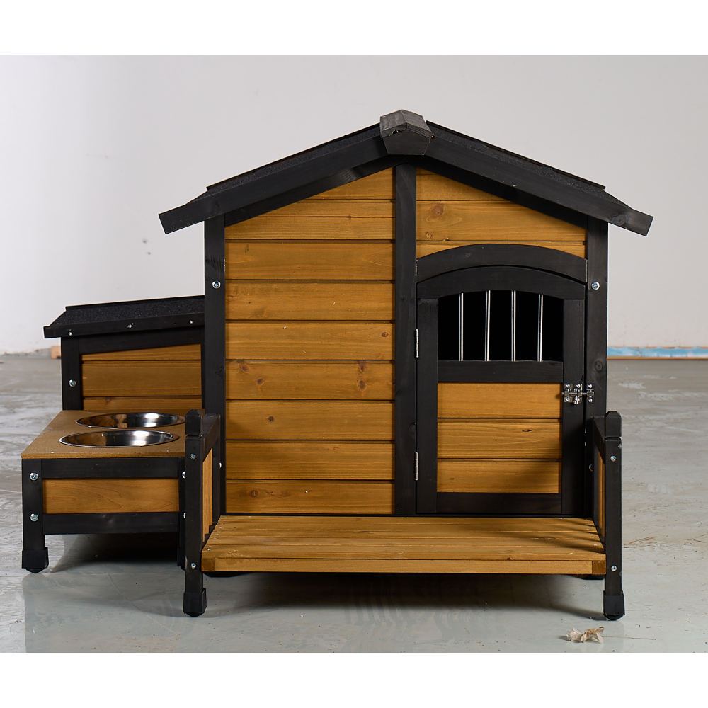 Large Wooden Dog House with Storage Box and Feeding Station, Outdoor Pet Kennel with Asphalt Roof, Porch, and Lockable Door – Weatherproof Fir Wood Dog Home for Small to Medium Dogs