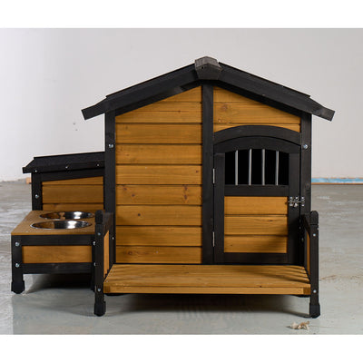 Large Wooden Dog House with Storage Box and Feeding Station, Outdoor Pet Kennel with Asphalt Roof, Porch, and Lockable Door – Weatherproof Fir Wood Dog Home for Small to Medium Dogs