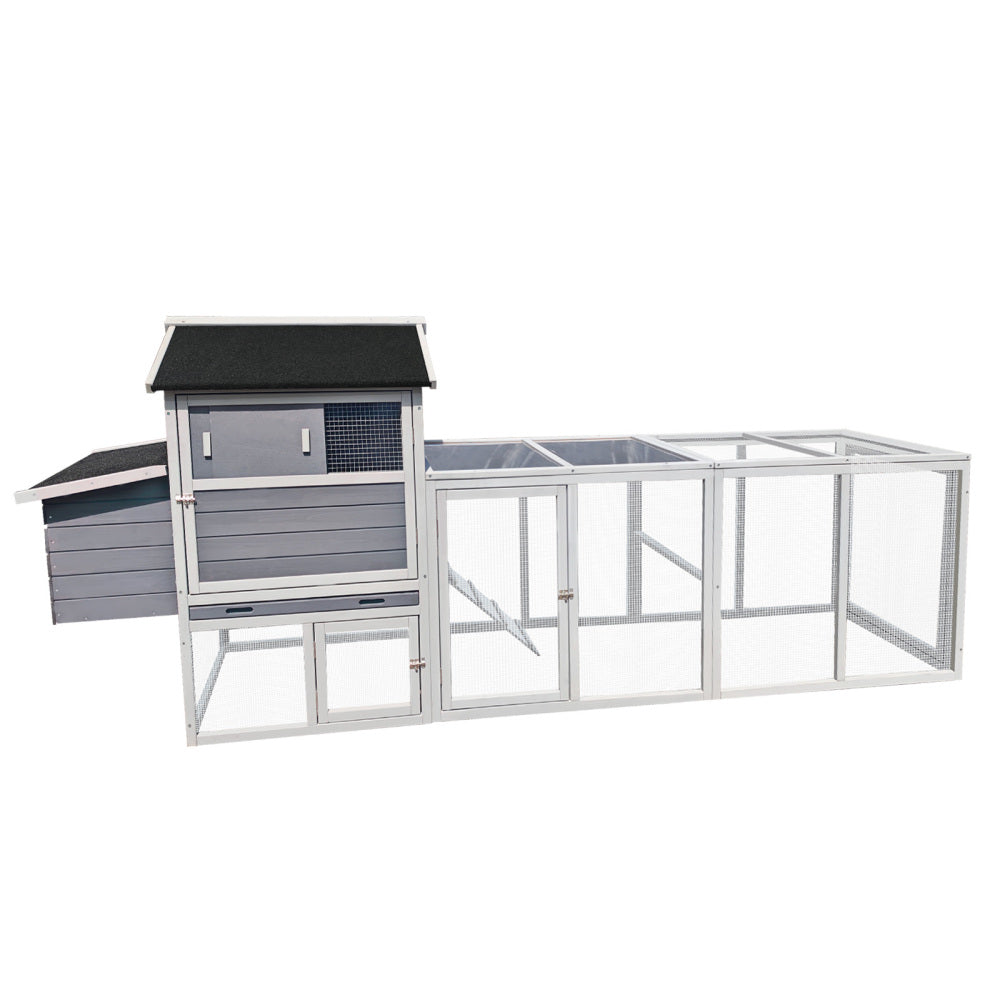 large main house, Gray Wooden Chicken Coop, Large Outdoor Hen House with Run and Nesting Box Poultry Cage, Rabbit Hutch, Waterproof Anti-UV Panel for Backyard