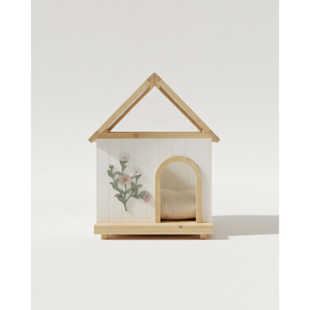 Transparent Roof Pet House with Floral Carving  FSC-Certified Cedar Indoor Shelter for Cats & Small Dogs 24*22*32