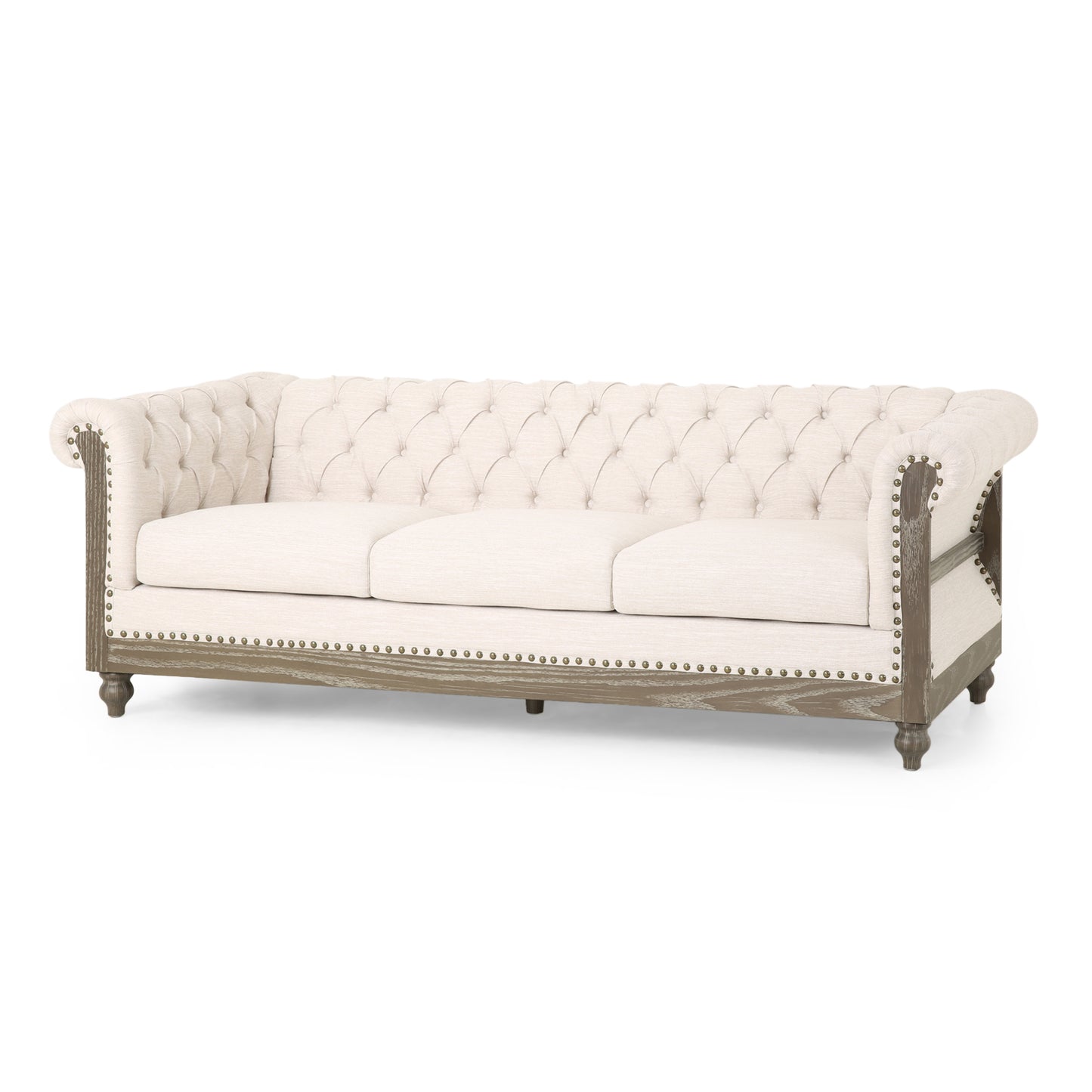 Mirod Comfy 3-Seat Sofa with Wooden Legs, Retro Style, Beige Polyester, 85.5''Wx33.25''Dx28.5''H