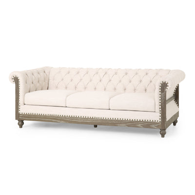 Mirod Comfy 3-Seat Sofa with Wooden Legs, Retro Style, Beige Polyester, 85.5''Wx33.25''Dx28.5''H