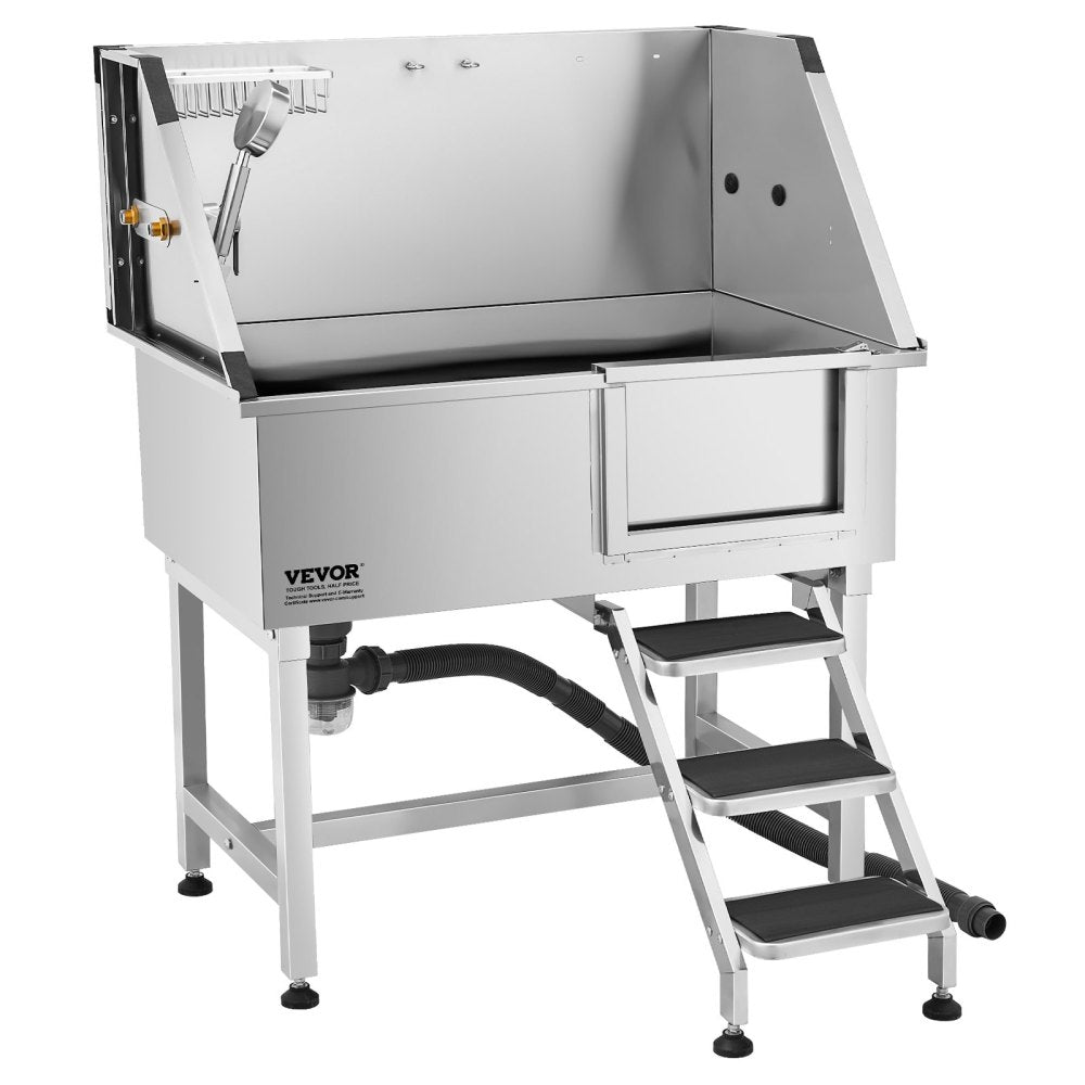 38" Dog Grooming Bath Tub Stainless Steel w/ Stairs Faucet Showerhead