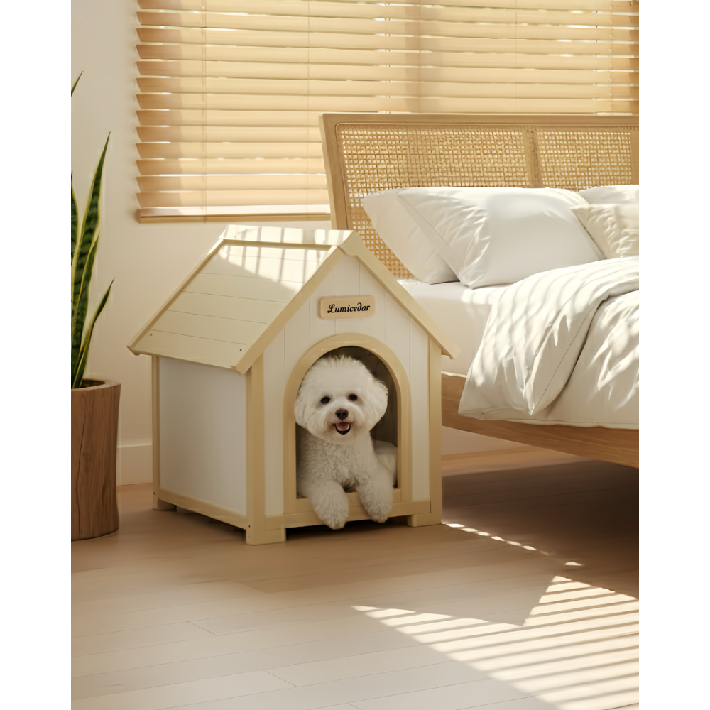 FSC Solid Cedar Pet House – Cream Yellow Cabin Style Indoor Shelter for Small Dogs & Cats