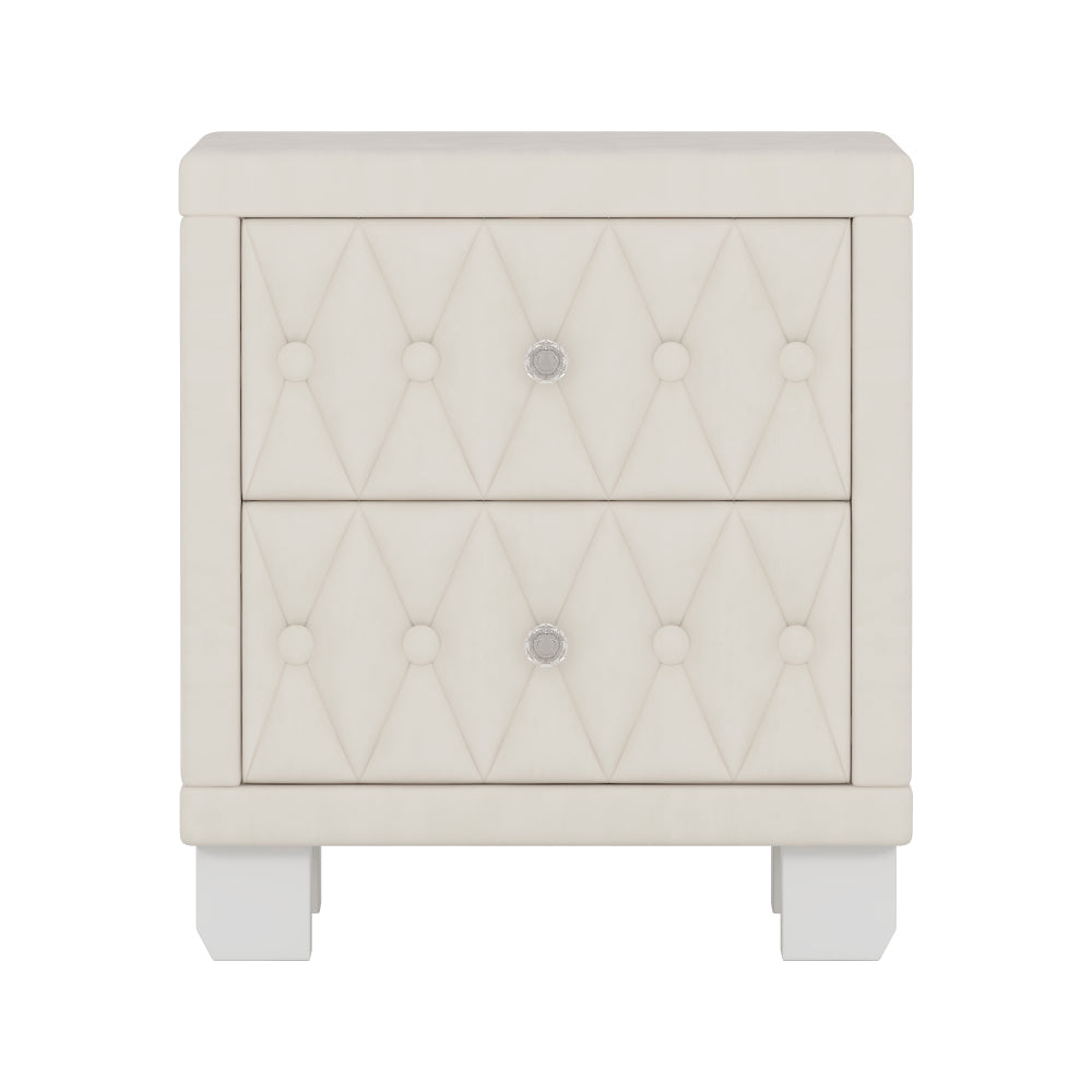 SunJet  Elegant Velvet Nightstand with 2 Drawers and Crystal Handle, Storage Bedside Table with Button-Tufted, Beige