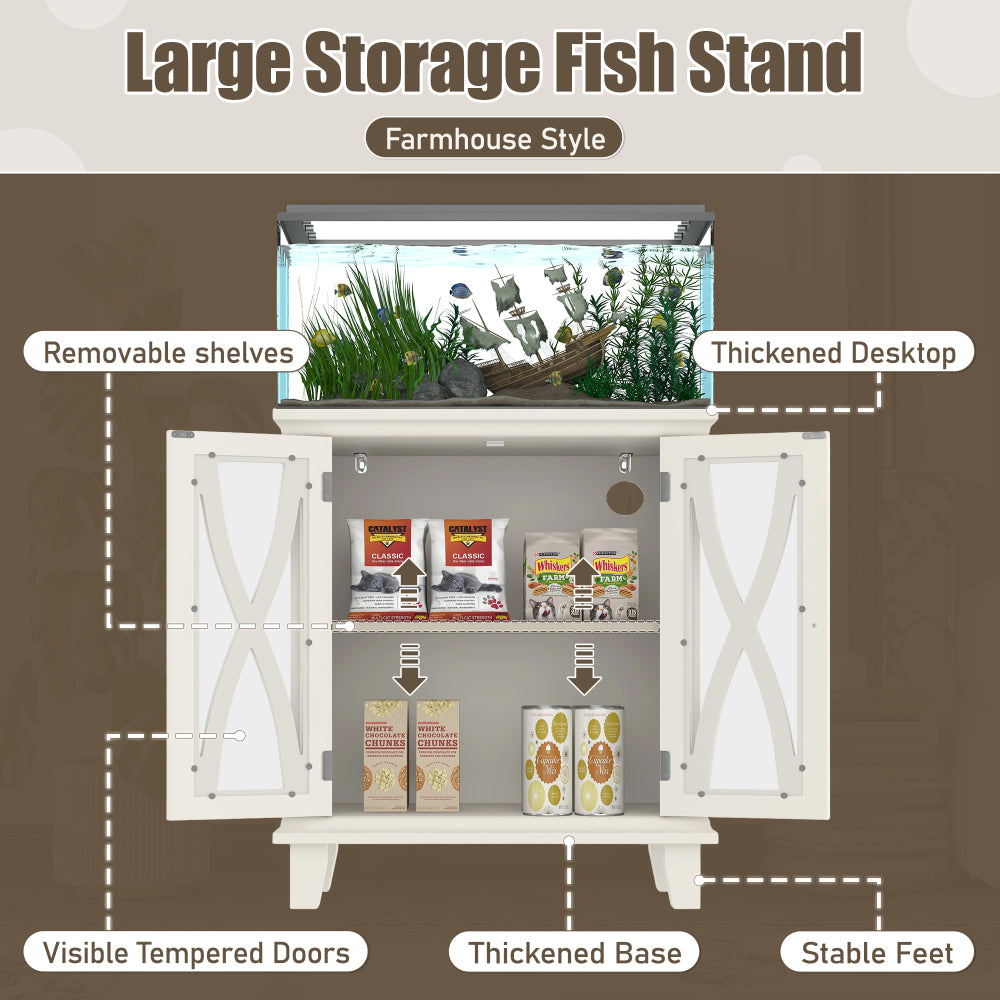 20 Gallon Fish Tank Stand with Power Outlets(4 AC 2 USB), Farmhouse Decorative Aquarium Stand Furniture with Adjustable Shelves, 10-20 Gallon Reptile Turtle Tank Stand with Cabinet Storage, Beige