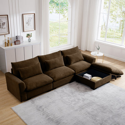 Corduroy Sectional Sofa,  L Shaped Couch with Storage Footstool and 3 Pillow, Sectional Couch for Living Room Apartment, Brown