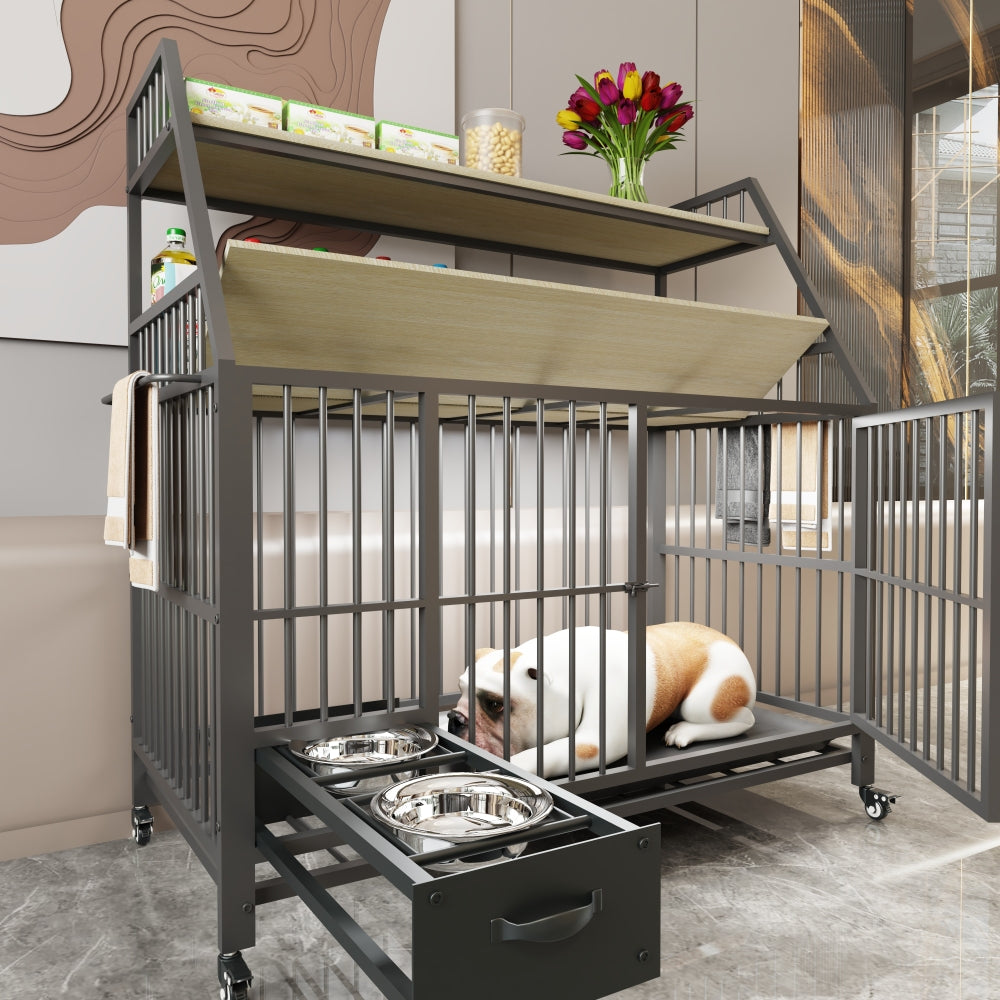 Large pet cage with storage rack, drawers with stainless steel food and water basins, double-layer storage rack made of iron frame and MDF material, sturdy, exquisite, and practical (black+beige)