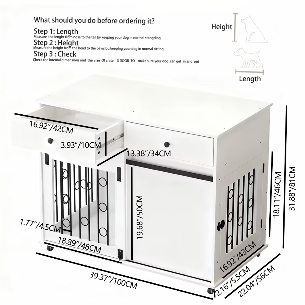 39.37'' Modern Wooden Dog Crate Furniture with Double Drawers and Sliding Barn Door, Decorative Pet Kennel End Table with Lockable Wheels, Stylish Dog Cage for Small to Medium Dogs – White