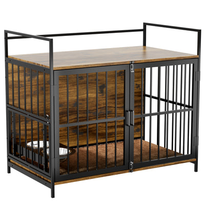Dog Cage Furniture with Cushion, Dog Kennel Indoor with Rotating Feeder Bowls, Heavy Duty Indoor Puppy Cage Kennel for Medium to Large Dogs, 41" L X 23.6" W 35.8" H, Brown