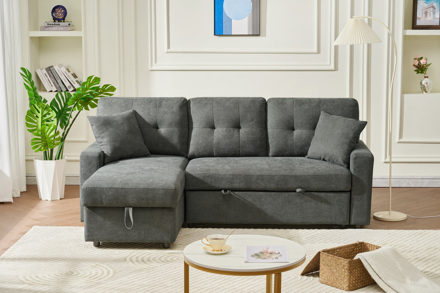Sectional Sofa Bed L-Shaped Sofa Couch Bed with USB Port, Reversible Sofa Couch Sleeper with Pull Out Bed, Chaise with Storage, Pull Out Couch for Living Room