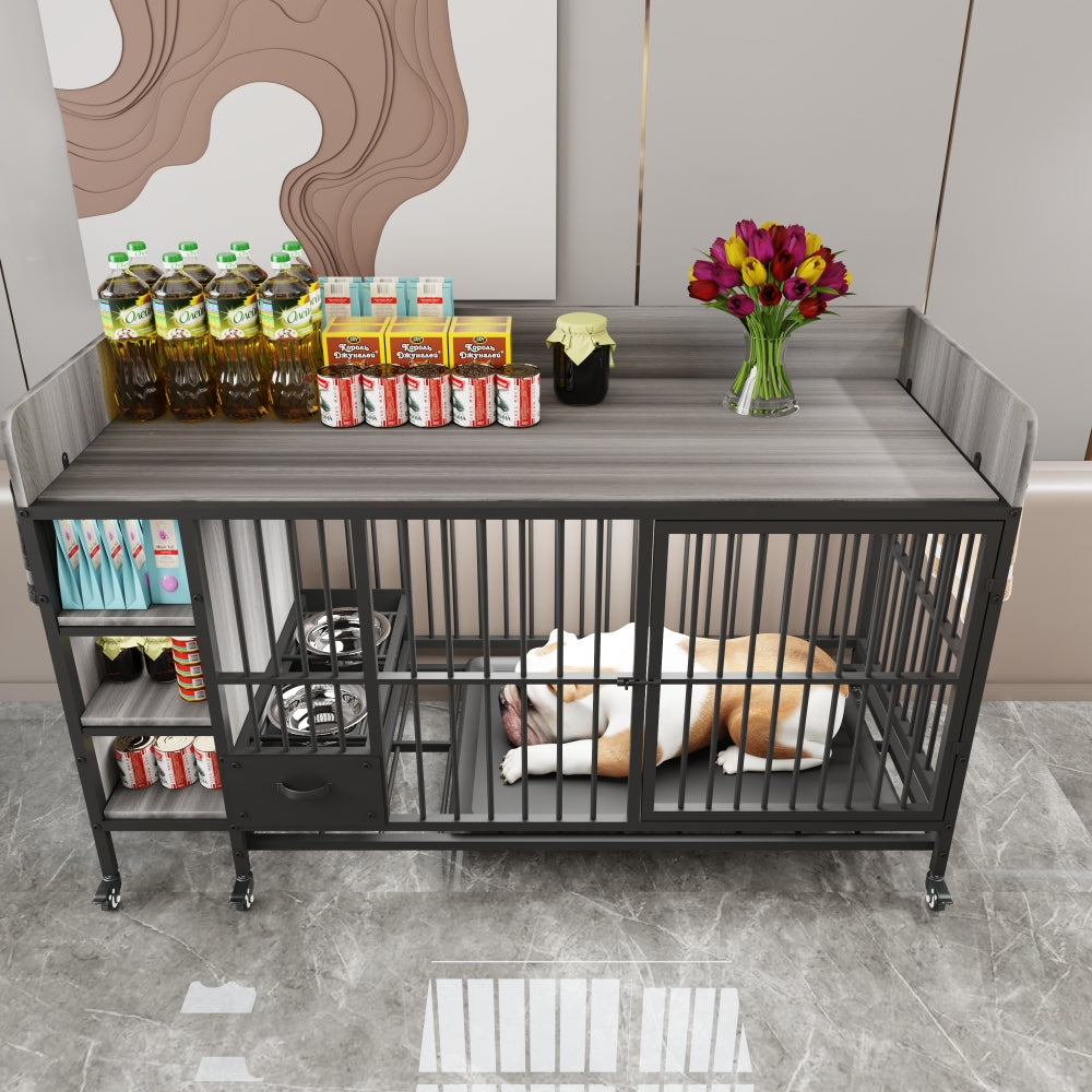 Large pet cage with storage rack, drawers with stainless steel food and water basin, made of iron frame and MDF material, sturdy, exquisite, and practical (black+smoke gray)