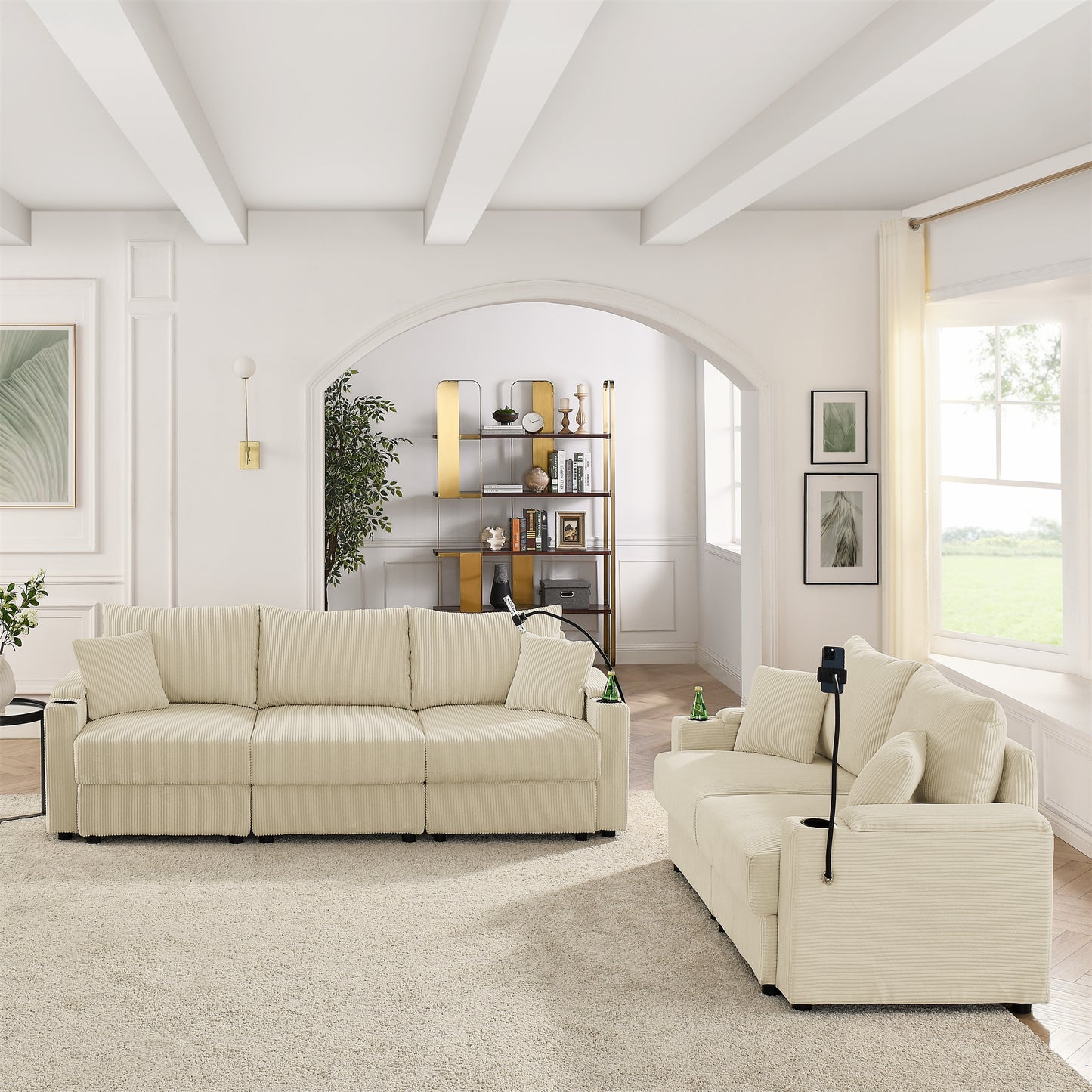Modern 2 Set  Sofa and loveseat with Storage, Deep Seat Sofa with Cup Holders & Phone Holder Charging Ports, Beige Corduroy Couch for Living Room,Grey