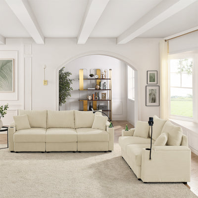 Modern 2 Set  Sofa and loveseat with Storage, Deep Seat Sofa with Cup Holders & Phone Holder Charging Ports, Beige Corduroy Couch for Living Room,Grey