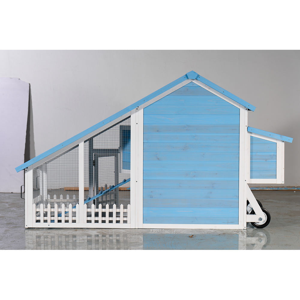 76" Wooden Rabbit Hutch Bunny Cage with Waterproof Asphalt Roof, Fun Outdoor Run, Removable Tray and Ramp, Light Blue