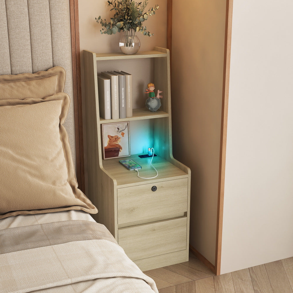 SunJet Nightstand with Charging Station, Smart Nightstand with Night Light, Modern Night Stand with Bookshelf, Bedside Tables with Storage Cabinet for Bedroom, Wood