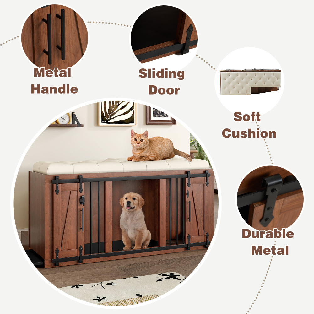 56"L, Furniture Style 2 in 1 Dog Crate with Padded Seat, Sliding Barn Door, Luxury Wooden Dog Kennel, End of Bed Bench Ottoman with Removable Cushion for Bedroom, Living Room, Walnut