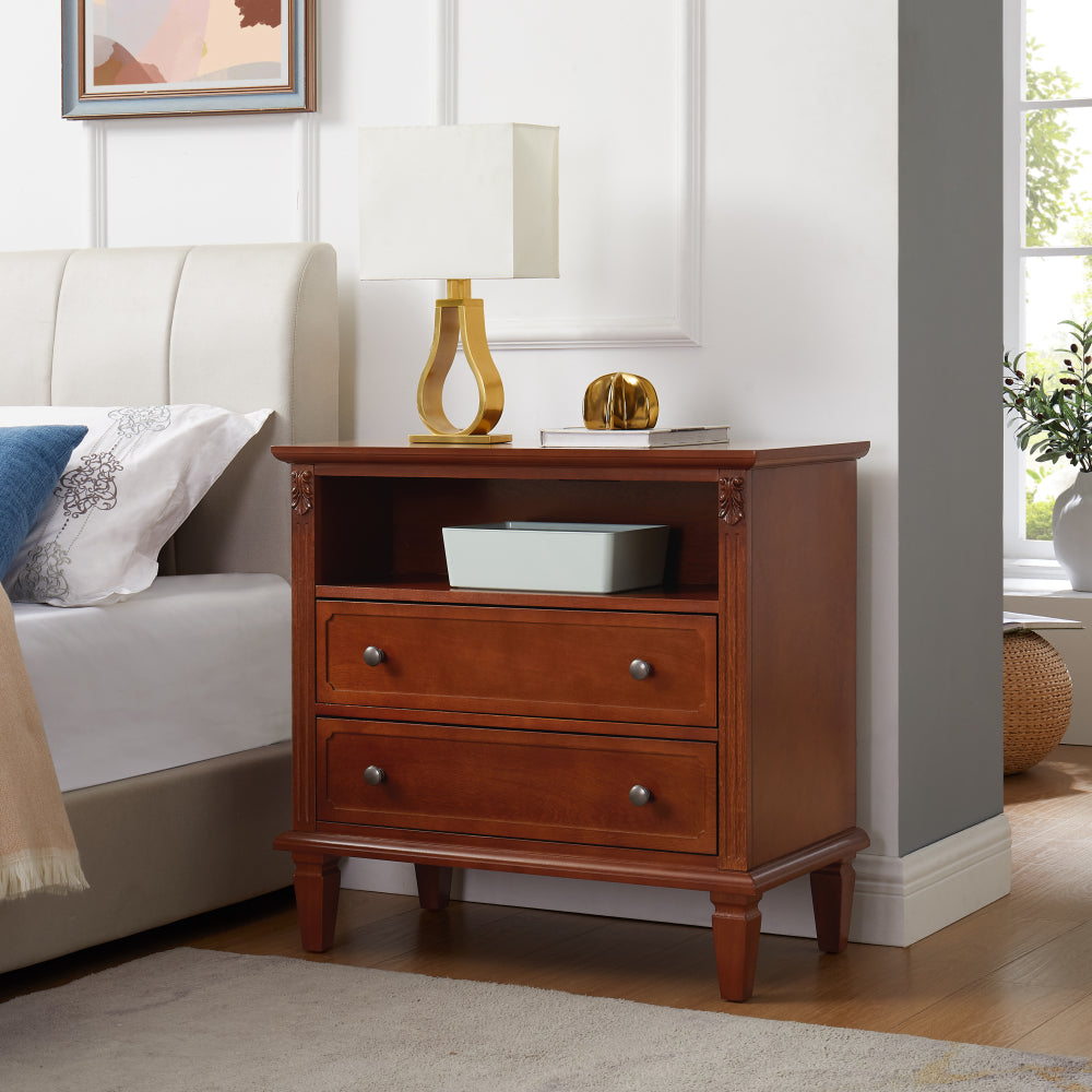 SunJet Open Space and 2 Drawers Dresser Nightstand with Charging Station, Farmhouse End Table with USB Ports and Outlets, Fluted Pilasters Design Side Table with Solid Wood Legs for Bedroom