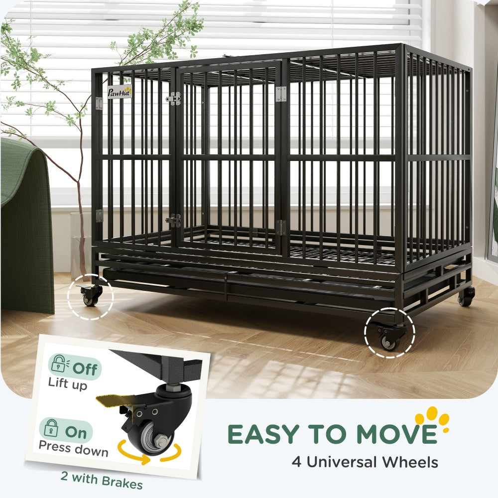 PawHut 48" Heavy Duty Dog Crate Metal Cage Kennel with Lockable Wheels, Double Door and Removable Tray, Gray