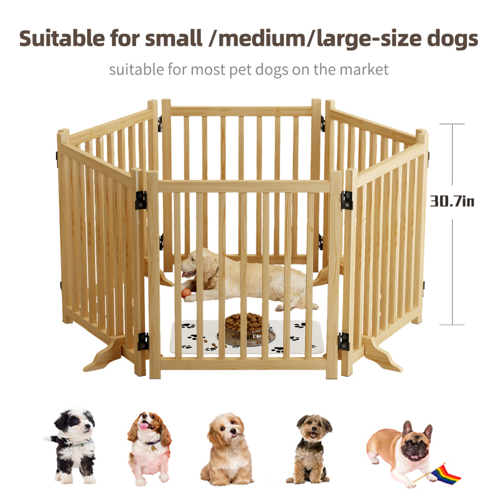 (6 Panel) Wooden Freestanding Dog Gates for The House,Dog Gates for Doorways, Stairs,Wood Dog Fences Indoor Pet Gate,Step Over Fence - 6 Panel 31"H