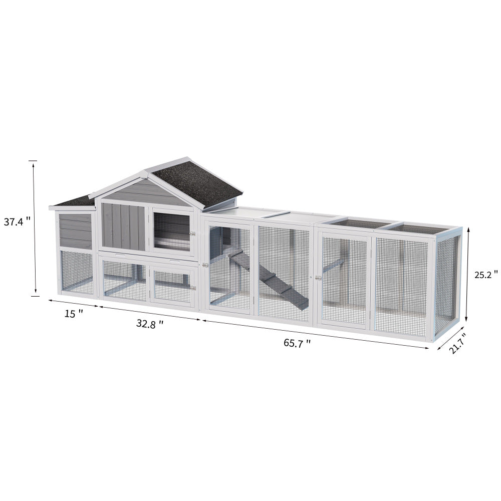 113.5" Gray Large Wooden Chicken Coop Outdoor Hen House with Run, Waterproof Anti-UV Panel & Nesting Box, Secure Lock, Removable Tray  for 2–4 Chickens or Small Animals