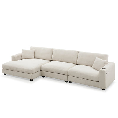 Oversized Corduroy Sectional Sofa with USB Charging Port and Cup Holder, Deep Seat Sofa Bed, 3 Colors, 134*54'