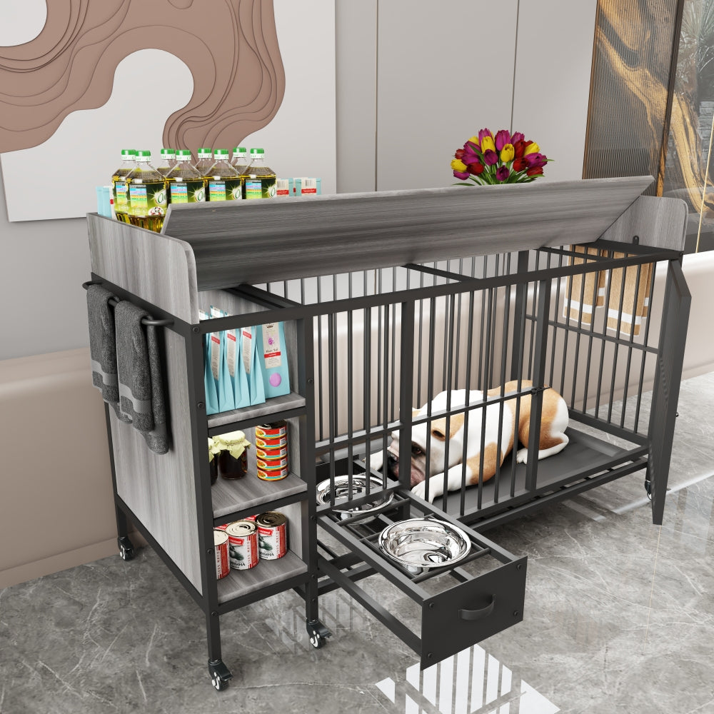 Large pet cage with storage rack, drawers with stainless steel food and water basin, made of iron frame and MDF material, sturdy, exquisite, and practical (black+smoke gray)