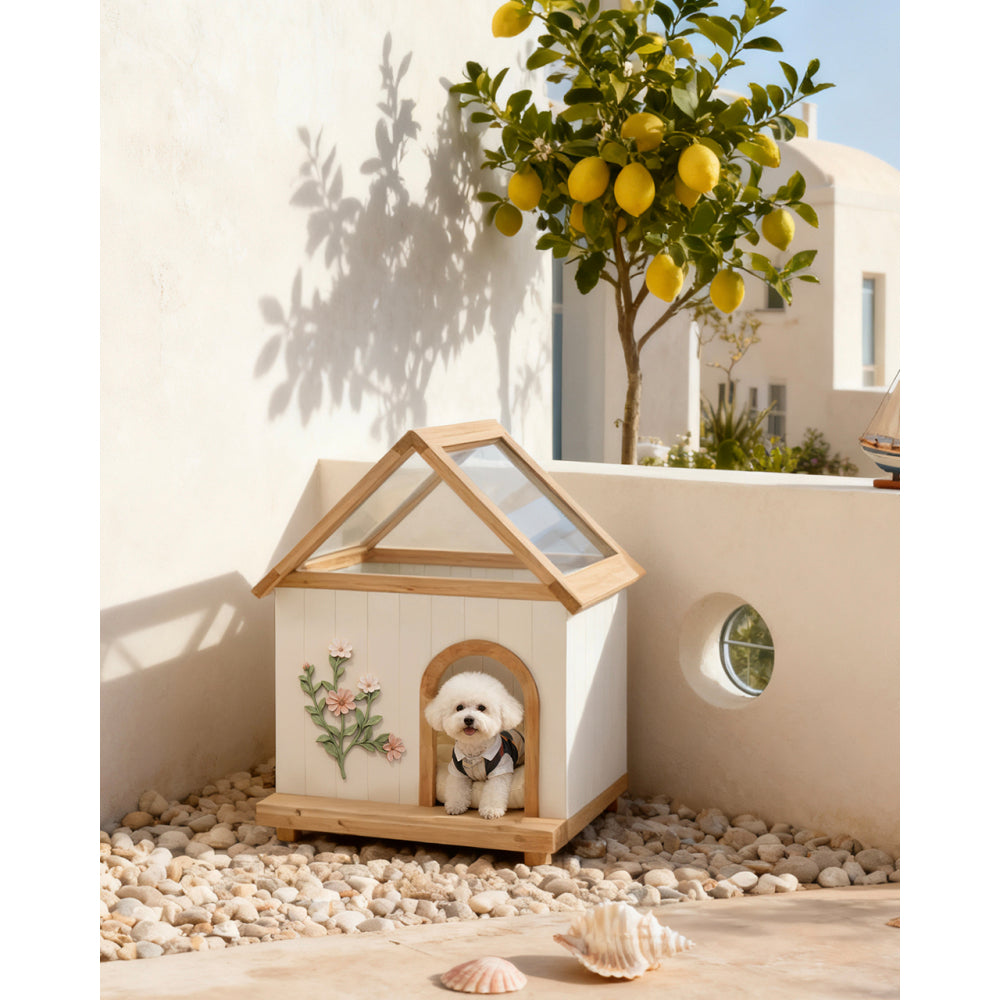 Transparent Roof Pet House with Floral Carving  FSC-Certified Cedar Indoor Shelter for Cats & Small Dogs 24*22*32