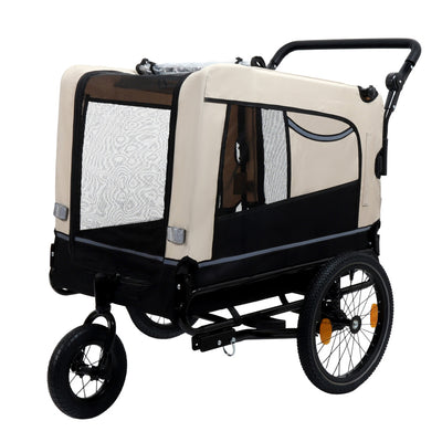 Extra Large 2-in-1 Bike Trailer & Push Cart for Pets - Detachable Bike Hitch & Push Handle Included , Quick ReleaseAll-Terrain Wheels , Non-Slip Floor, Internal Leash, Holds Up to 88 lbs, Black- Beige