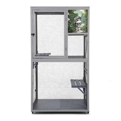 Cat House Catio Outdoor Enclosure with Platforms, 66'' cat condos on Wheels for Outdoor Patio, Dark Gray