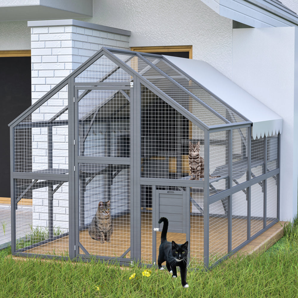 Outdoor Wooden Cat Catio - Large Solid Wood Cat Cage Playpen with 2 Jumping Platforms & 7 Napping Houses, Walk-in Cat Kennel Condo Shelter, Grey
