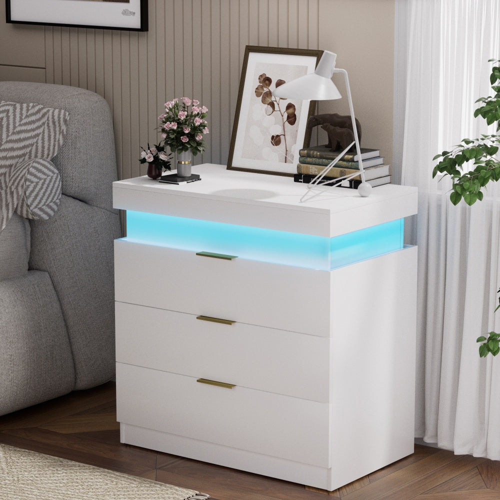 SunJet Nightstand with Charging Station and LED Lights,Night Stand with Sliding Top for Bedroom,Bedside Table with Drawers,Modern End Side Table,White.28.8''W x 17''D x 30.5''H.