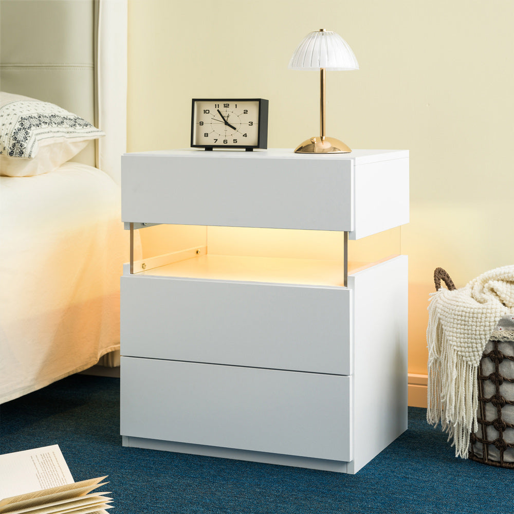 SunJet LED Nightstands 3 Drawer Dresser for Bedroom End Table with Acrylic Board LED Bedside Tables for Bedroom Living Room Bedside Furniture (White)