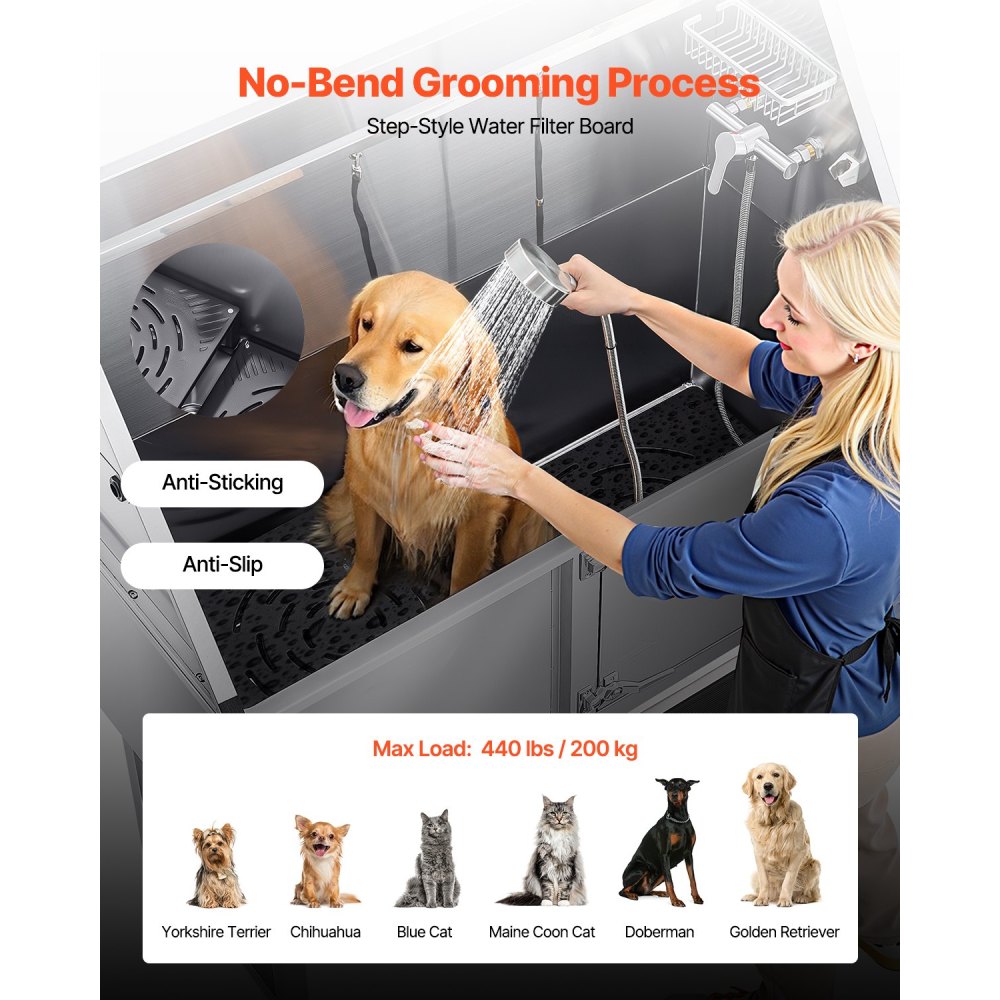 62 Inch Dog Grooming Bath Tub Stainless Steel w Ramp Water Filter