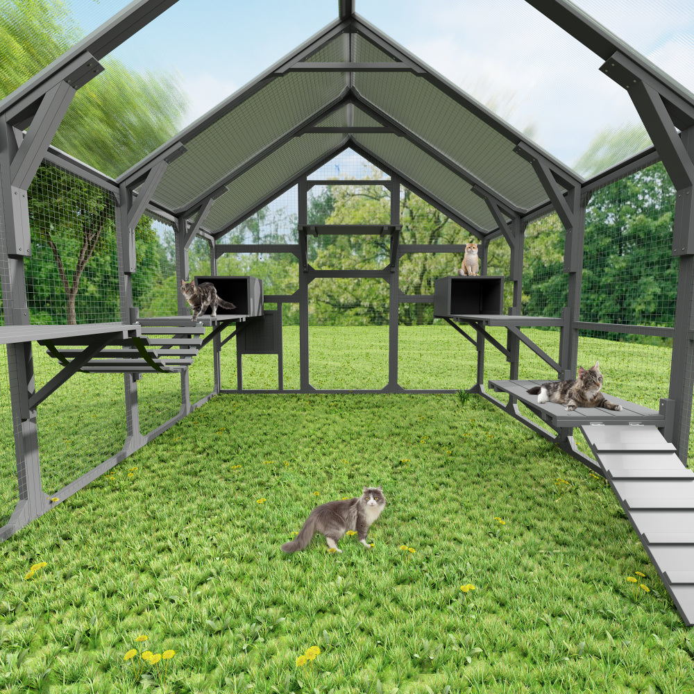 Large Catio Outdoor Cat Enclosure for Multiple Kittens, Wooden Cat House with 7 Platforms, 2 Resting Boxes, 1 Bridge and 1 Ramp, Walk in Kitty Cage Kennel with Sunshine Board Roof, Gray