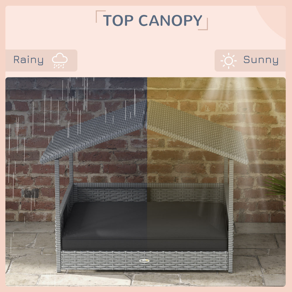 PawHut Wicker Dog House Outdoor with Canopy, Rattan Dog Bed with Water-resistant Cushion, for Small and Medium Dogs, Gray