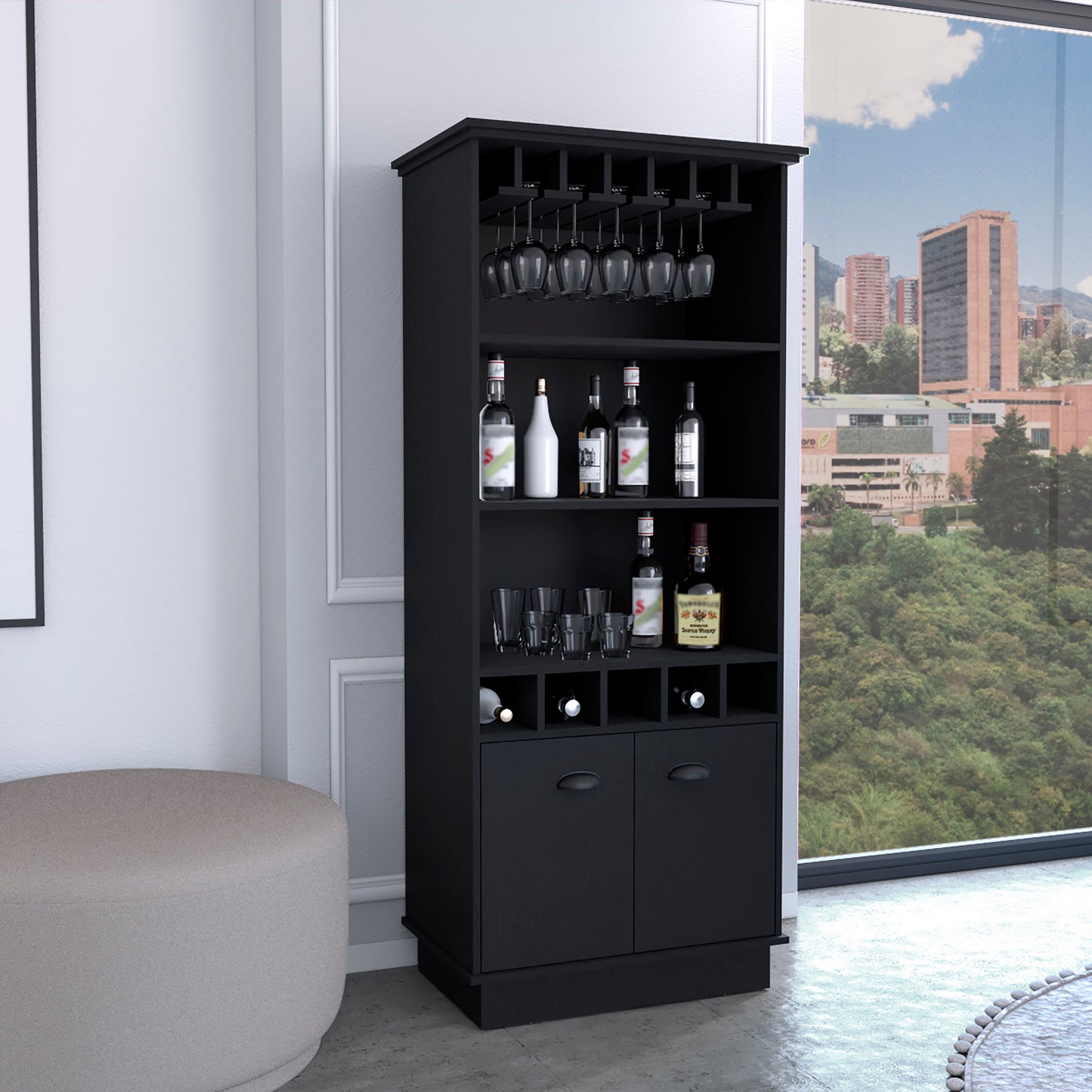 Dundee 70-Inch High 10-Glass Bar Cabinet with 5 Cubbies and 3 Open Shelves and Cabinet
