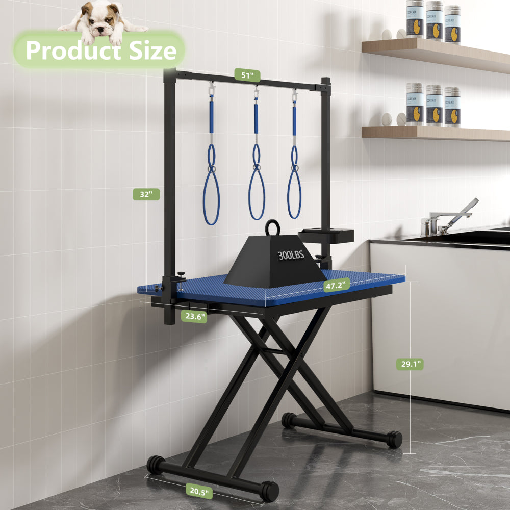 47'' Blue Large Dog Grooming Table X-Lift Foldable Grooming Table for Dogs at Home Adjustable Height Arms Pet Station with Nooses, Tool Organizer